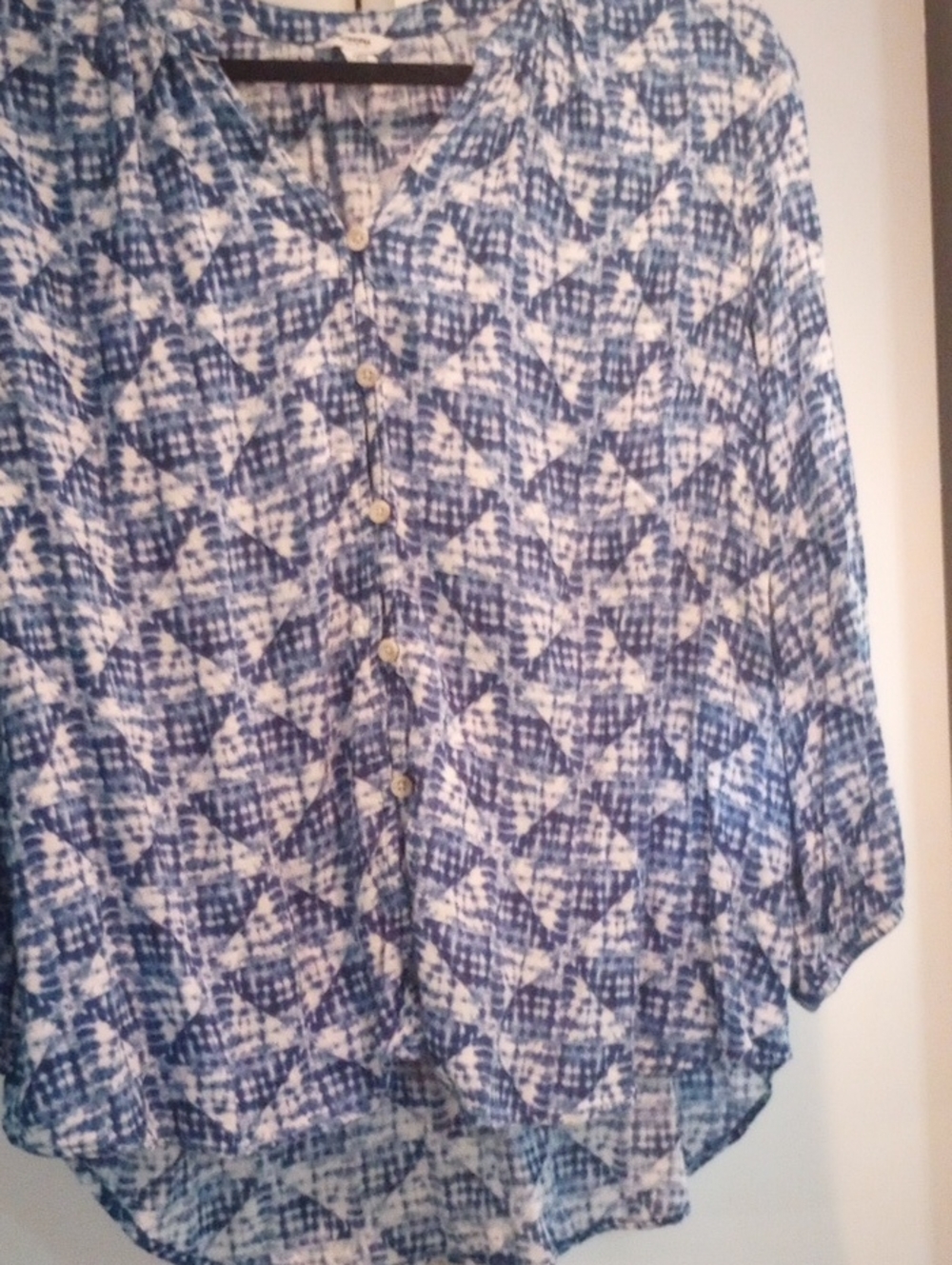 Blue & White Patterned Button-Up Blouse